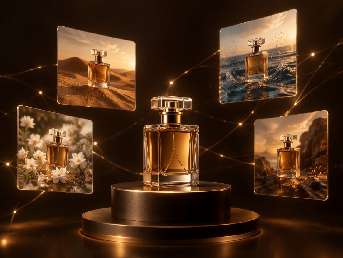 عکاسی محصول با هوش مصنوعی؛ نسخههای مختلف یک عطر در صحنههای متفاوت